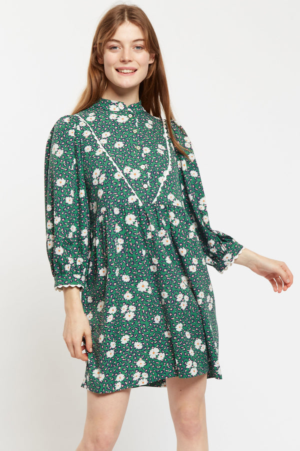 Louche Suzanne Roaring Daisy Print Long Sleeve Mini Dress - Green