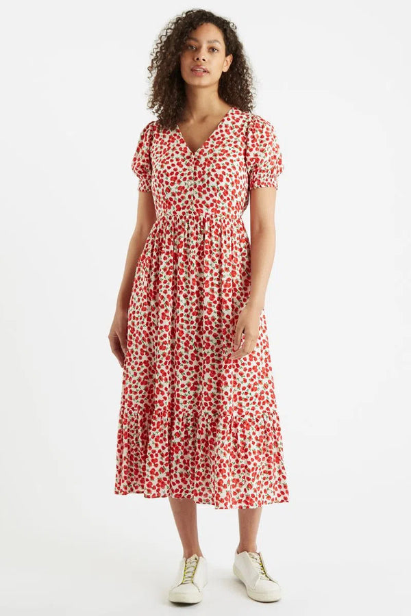 Louche Beatrix Roses Roses Print V Neck Short Sleeve Midi Tiered Dress