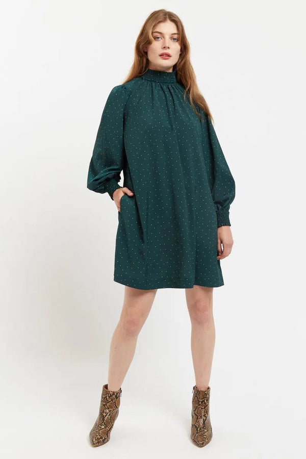 Louche Brigitta Micro Dot Throw On Smock Dress in Green