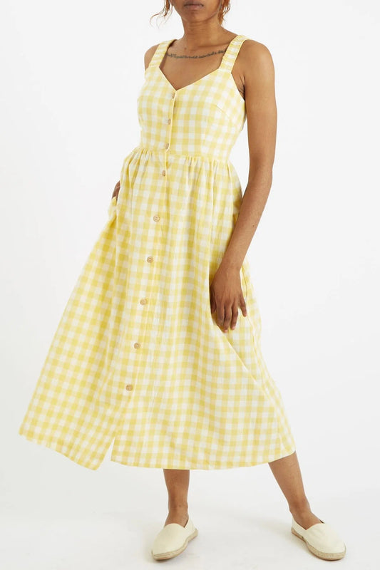 Louche Clover Picnic Check Button Through Midi Sundress In Yellow