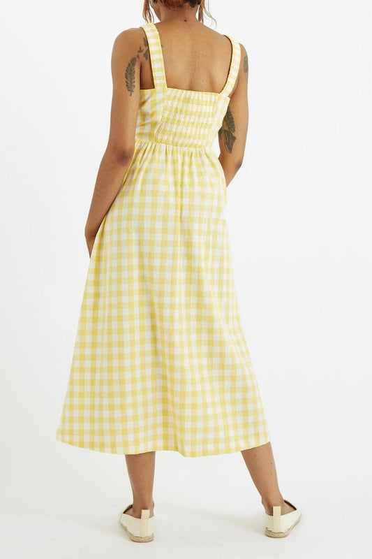 Louche Clover Picnic Check Button Through Midi Sundress In Yellow