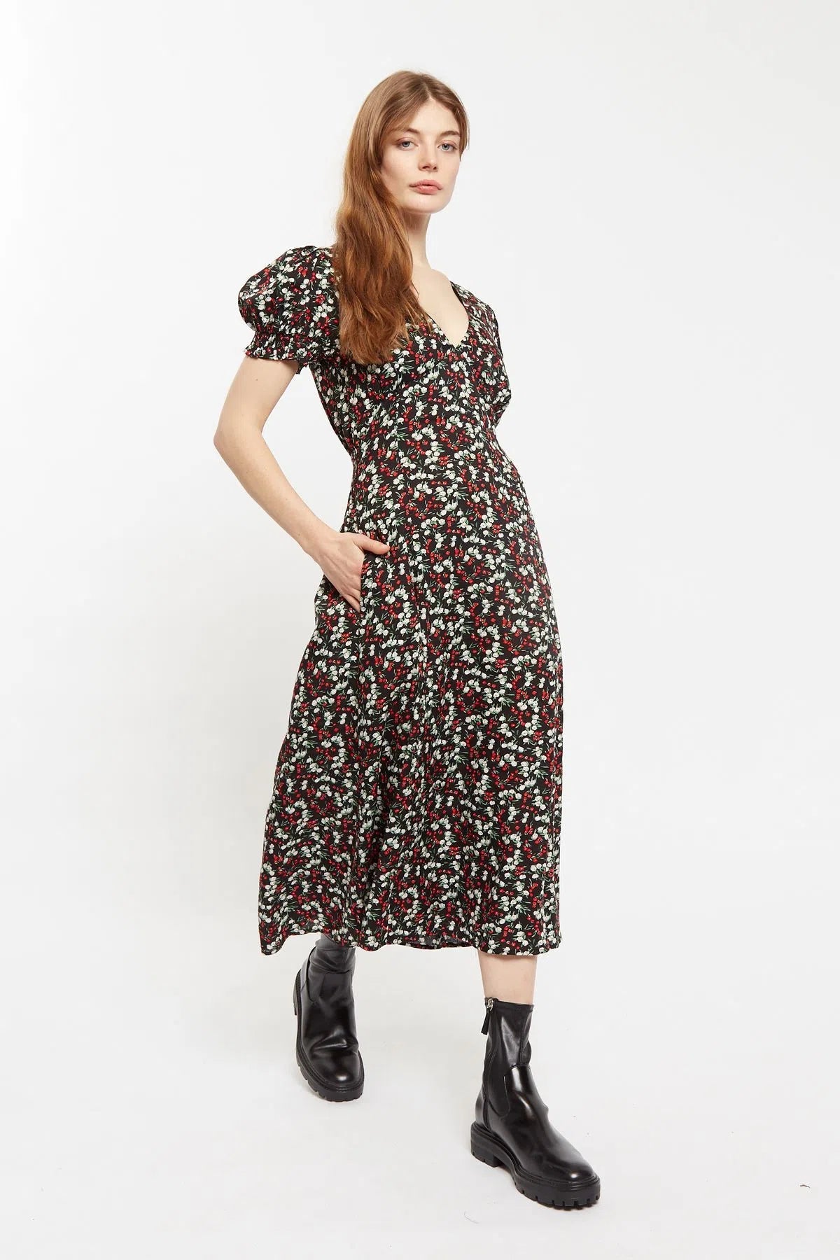 Louche Minerva Jolly Ditsy Print Puff Sleeve Midi Dress