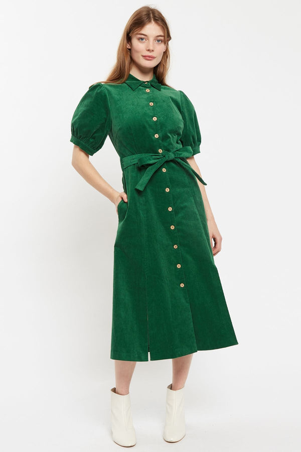 Louche Mollie Baby Cord Puff Sleeve Midi Shirtdress Green