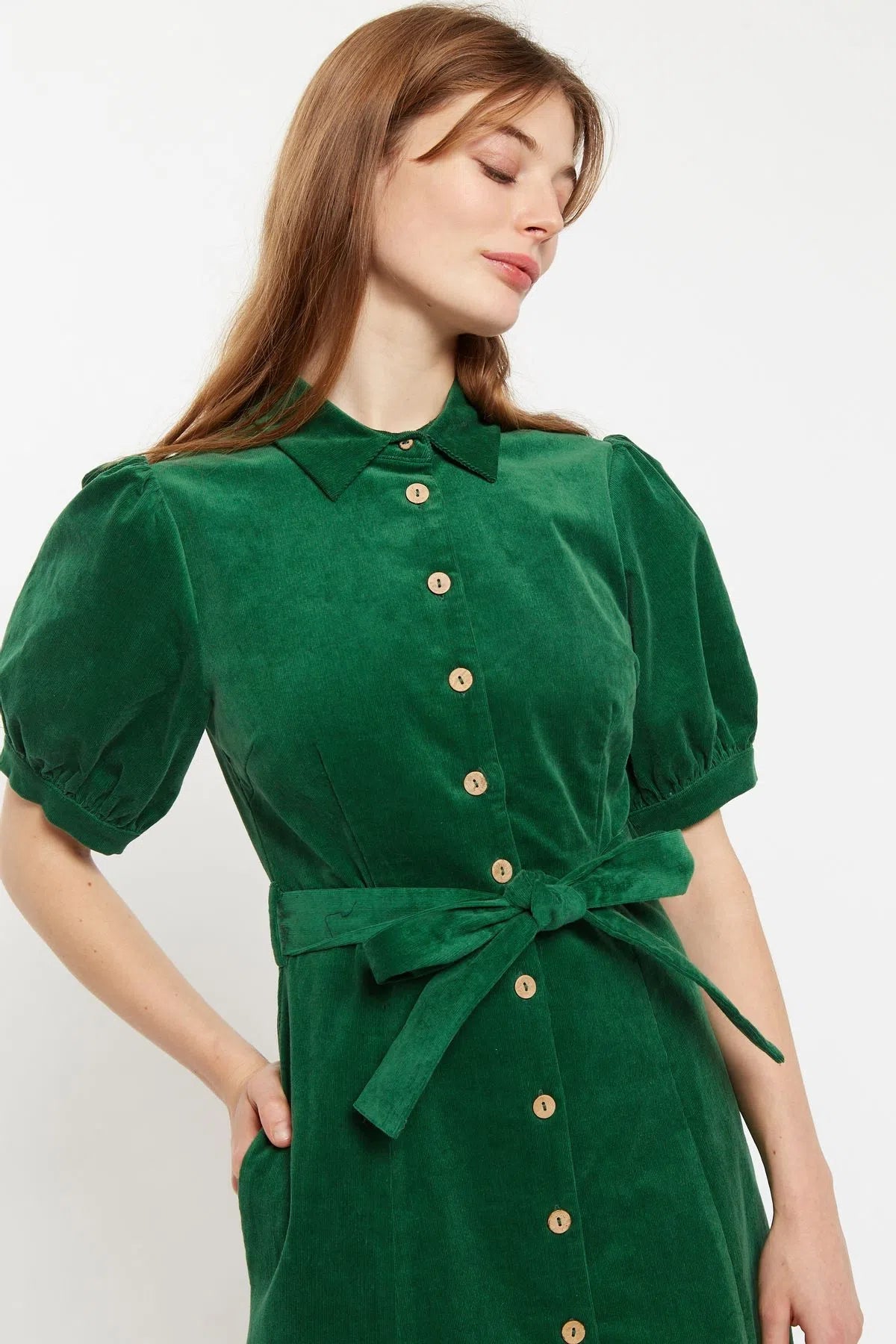Green cord dress hotsell