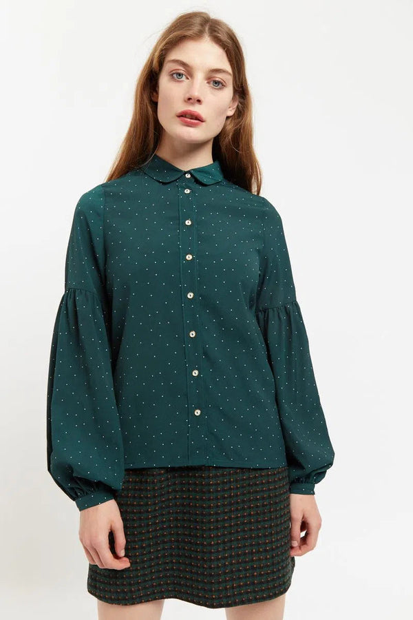 Louche Monroe Micro Dot Statement Sleeve Blouse in Green