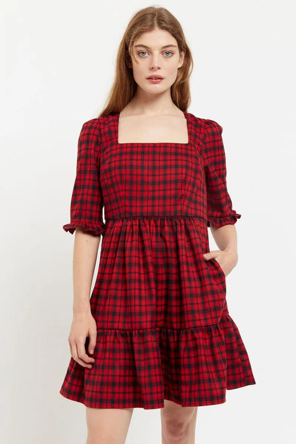 Sassa Winter Gingham Tiered Mini Dress in Red and Black