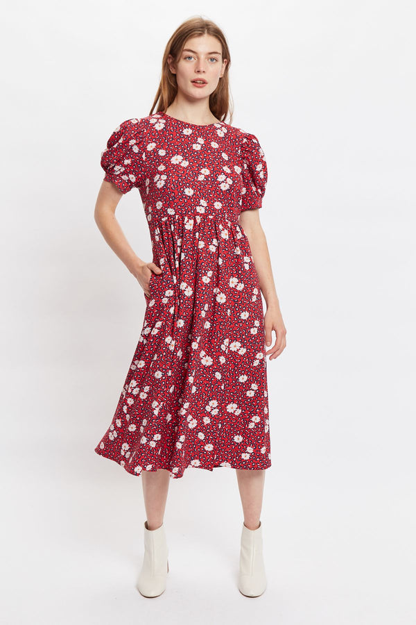 Louche Stasia Roaring Daisy Print V Back Puff Sleeve Midi Dress Red